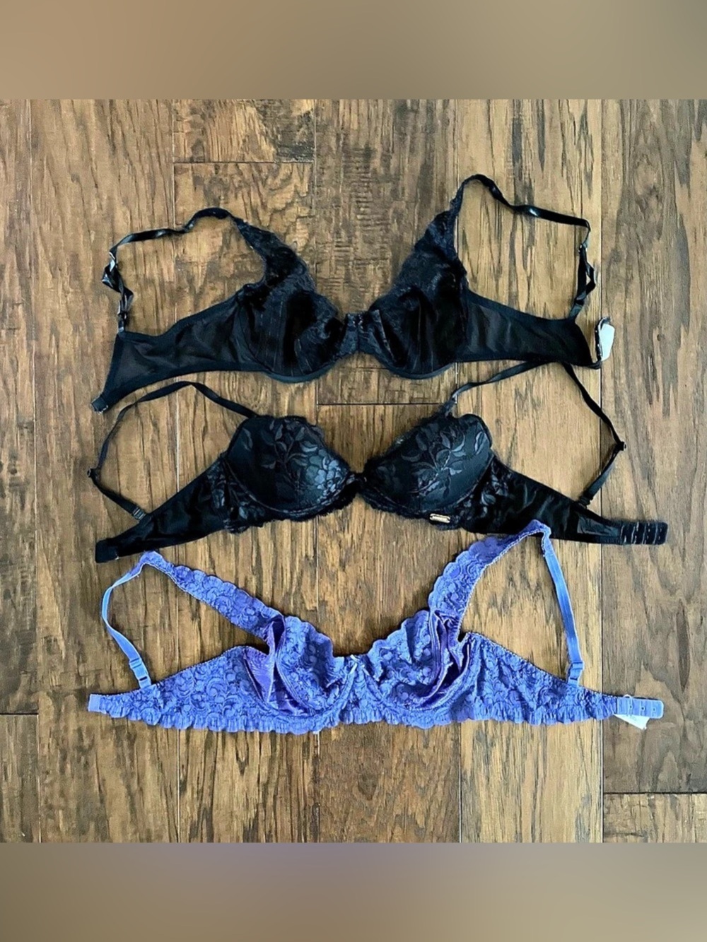 Three-Piece Floral Lace Bra Set Black & Purple 36B